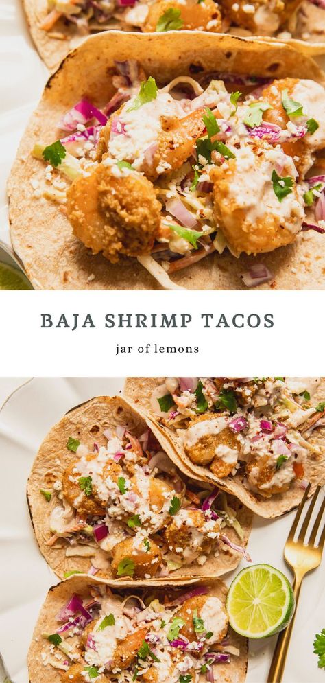 The BEST Baja Shrimp Tacos that are savory, lightly crunchy, full of flavor, spicy to taste, and just SO GOOD! Made with almond flour breaded shrimp, cabbage slaw with a creamy, smoky Baja sauce, fresh cilantro, lime, crunchy red onions, and cotija cheese, all wrapped in a warm whole wheat tortilla. These healthy tacos are perfect for anything, from an easy everyday dinner to a fun summer gathering with friends! Shrimp Cabbage, Slaw For Shrimp Tacos, Shrimp Taco Sauce, Baja Shrimp, Baja Shrimp Tacos, Tacos Shrimp, Shrimp Tacos Recipe, Baja Sauce, Street Taco Recipe