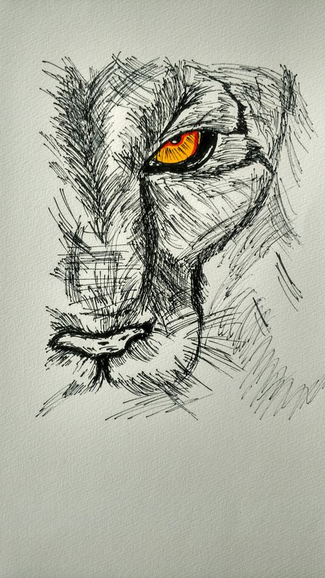 Lion pen sketch, referenced from Pinterest (Feb 2017) Aesthetic Sketches Pencil, Ink Pen Drawings Easy, Lion Sketch Simple, Lion Drawing Sketches, Lion Sketch Tattoo, Lion Sketches, Lion Drawing Easy, 2024 Sketch, Sketch Lion