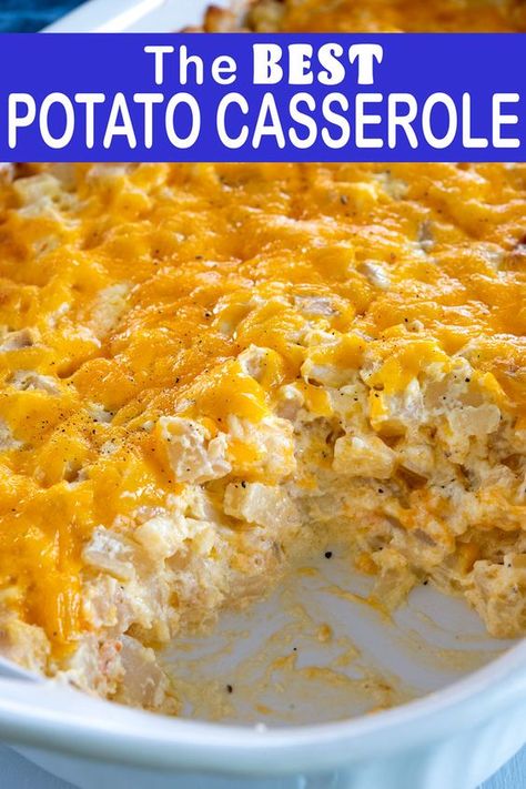 The BEST cheesy potatoes! This potato casserole is so easy to make with cream of chicken soup, sour cream, shredded cheese and hash browns! Perfect for breakfast OR a dinner side dish! #easysidedish #cheesypotatoes Cheesy Potatoes Cream Of Chicken, Hashbrown Cheese Potatoes, Country Potato Casserole, Cheesey Potatoes Shredded, Cheesy Potatoes Without Cream Of Chicken, Cheese Potatoes Hashbrowns, Taste Of Home Cheesy Potatoes, Cheesy Potato Casserole Fresh Potatoes, Hashbrown Casserole With Potato Chips