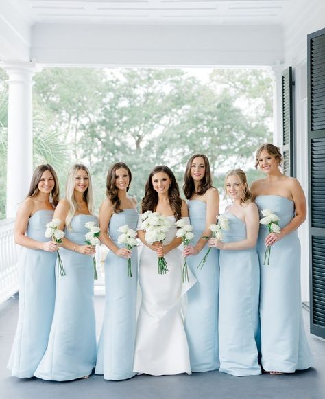 Lowndes Grove - Charleston, South Carolina Wedding - Light Blue Color Palette - OBX Wedding - Bridesmaids⁠ and Bride Light Blue Bridal Party, Carolina Blue Wedding, Blue Bridal Party, Charleston South Carolina Wedding, Obx Wedding, Light Blue Wedding, Blue Color Palette, South Carolina Wedding, Blue Bridal