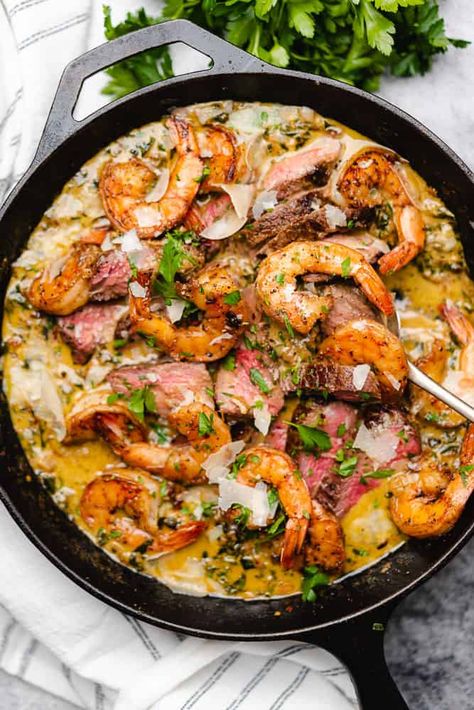 Seafood Skillet, Garlic Parmesan Cream Sauce, Creamy Garlic Parmesan Sauce, Good Steak Recipes, Garlic Parmesan Sauce, Parmesan Cream Sauce, Easy Steak Recipes, Steak And Shrimp, Juicy Shrimp