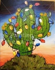 Christmas Tree Painting Canvases, Desert Doodles, Southwestern Paintings, Xmas Watercolor, Southwest Christmas, Painted Rock Cactus, Paint Christmas, Painting With A Twist, Ideas Christmas Tree