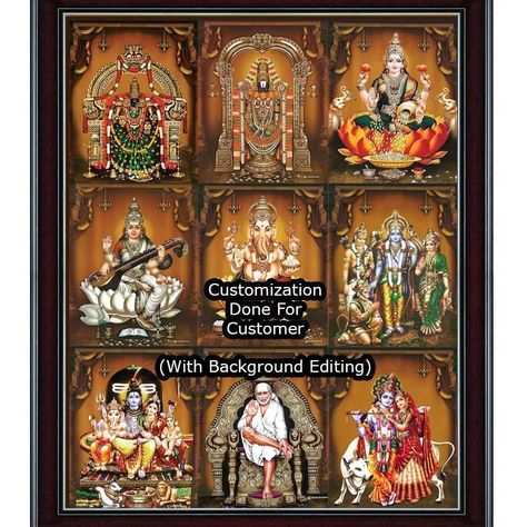 "Almost every order of this frame is a personalized. With either God replacement, or rearrangement, with background editing and in many, all 3 are done. That's the best part of making it something personalized and we are happy to do it for you. Order today" All Hindu God Photos In One Frame, All God Photos In One Frame, God Frames In Pooja Room, God Photos For Pooja Room, Pooja Room Photos Arrangement, All God Images In One Frame, God Photo Frames For Pooja Room, Puja Room Design Indian Traditional, All Gods In One Picture