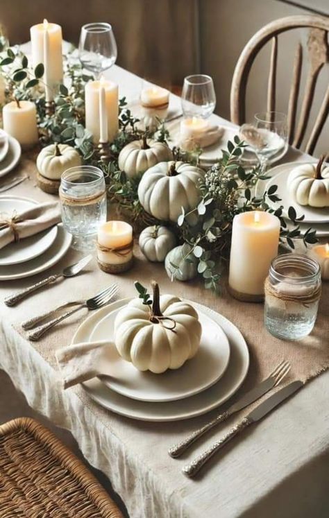 Olive Green Thanksgiving Table, Neutral Autumn Tablescape, Thanks Giving Plates, Pumpkin Table Scape, Neutral Fall Wedding Table Decor, Neutral Dinner Table Decor, Rustic Elegant Table Setting, White Pumpkin Tablescape, Thanksgiving Floral Tablescape