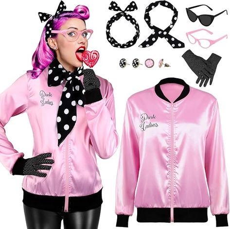 Amazon.com: AOTHSO 1950s Pink Satin Jacket with Polka Dot Scarf Headband Earrings Glasses Halloween Cosplay Costume for Women, 8 Pieces : Clothing, Shoes & Jewelry 1950s Party Outfit, Pink Lady Costume, 50s Outfit, Pink Ladies Jacket, 50s Costume, Old Lady Costume, Polka Dot Headband, Pink Costume, Costume For Women