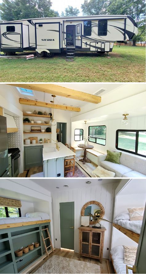 This renovated Forest River Sierra Fifth Wheel from @crystalkondor has an airy and serene interior (and it's FOR SALE!) #rvrenovation #homeonwheels #rvremodel #forestriver #renovatedfifthwheel #fifthwheelforsale #rvliving #rvinspiration #glamping #rvinteriorideas #rvrenovators #wanderfulrvrenovation #wanderfulrvinteriors via @wanderfulrvinteriors Sierra Camper Remodel, Forest River Sierra Fifth Wheel Remodel, Camper Home Ideas Outside, Family Of 5 Camper Living, Renovated Fifth Wheel Camper, Fifth Wheel Remodel Ideas, Fifth Wheel Renovation, 5th Wheel Remodel Ideas, Fifth Wheel Decor