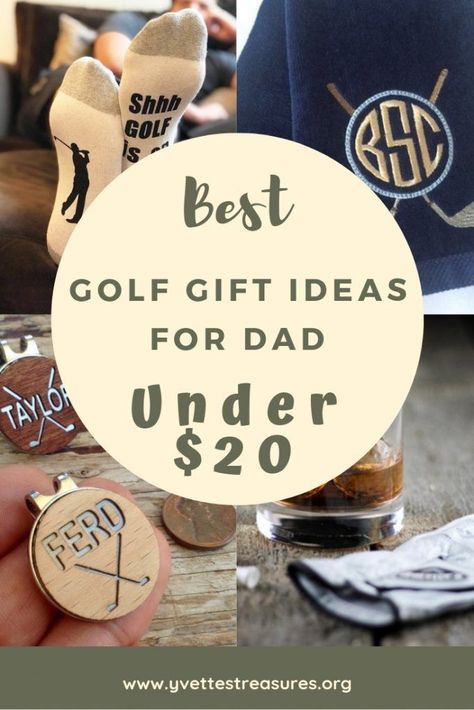 Golf Gift For Dads. The BEST golf gifts under $20 just for dad. Great for #fathersday #birthdays #christmas #giftguides #giftsforhim #golf #sport Top Golf Gift Basket, Gifts For The Golf Lover, Golf Gift Basket Ideas For Men, Best Golf Gifts For Him, Gift For Golfers Men, Golf Gift Ideas For Men, Golf Basket Ideas For Men, Golf Valentines Gift, Golf Gift Basket Ideas