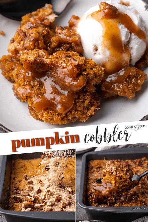 This spiced Pumpkin Cobbler is the best fall dessert, made with rich pumpkin cake soaked in caramel sauce beneath a toasted pecan topping. Easy Pumpkin Cobbler, Cobbler Cookies, Pumpkin Pecan Cobbler, Pumpkin Cobbler, Easy Pumpkin Dessert, Pecan Cobbler, Cookies And Cups, Pecan Topping, Cobbler Topping