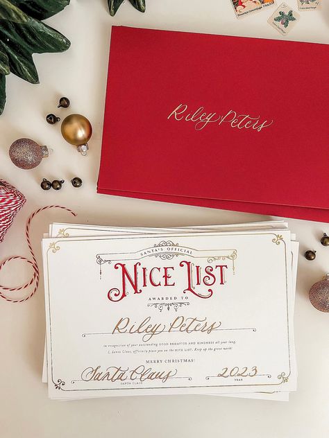 "Bring the magic of Santa alive this Christmas with an Official Nice List Certificate personalized with your child's name! Your little one won't believe their eyes when they receive this official certificate signed by Santa Claus himself delivered straight from the North Pole! The certificate is gold foil stamped on heavy cardstock and arrives sealed in a red envelope. Your child's name, Santa's signature and the date will all be hand calligraphed onto the certificate in gold metallic ink. The e Santa Meet And Greet Ideas, Santa List Ideas, Santa Stationary, Santa Certificate, Christmas Certificate, Official Nice List Certificate, Santa Nice List Certificate, Santa Nice List, Envelope Christmas