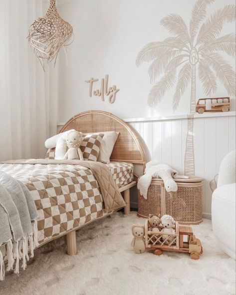 20 Coastal Kids Bedroom Decor Ideas » Lady Decluttered Palm Tree Decals, Coastal Kids Bedroom, Boho Kids Bedroom, Neutral Kids Bedroom, Rattan Lamp Shade, Surf Room, Toddler Boy Room Decor, Boys Bedroom Makeover, Tree Decals