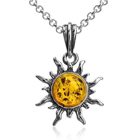 Ian and Valeri Co. Amber Sterling Silver Flaming Sun Pendant Necklace Chain 18" Boho Necklaces, Amber Gemstone, Small Necklace, Sun Pendant, Cognac Color, Grandmother Gifts, Natural Amber, Amber Jewelry, Baltic Sea