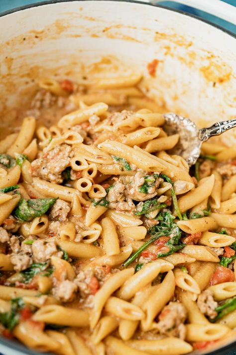 Italian Sausage Pasta Skillet, Ground Pork Pasta, Ground Pork Sausage Recipes, Sausage Pasta Skillet, Spinach Tomato Pasta, Creamy Sausage Pasta, Sausage Pasta Recipe, Ground Sausage Recipes, Pork Pasta