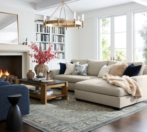 Big Sur Westbrook Living Room | Pottery Barn Modern And Classic Living Room, Pottery Barn Living Room, Room Focal Point, Barn Living, No Closet Solutions, Double Chaise Sectional, Classic Living Room, Office Office, Living Room Shop