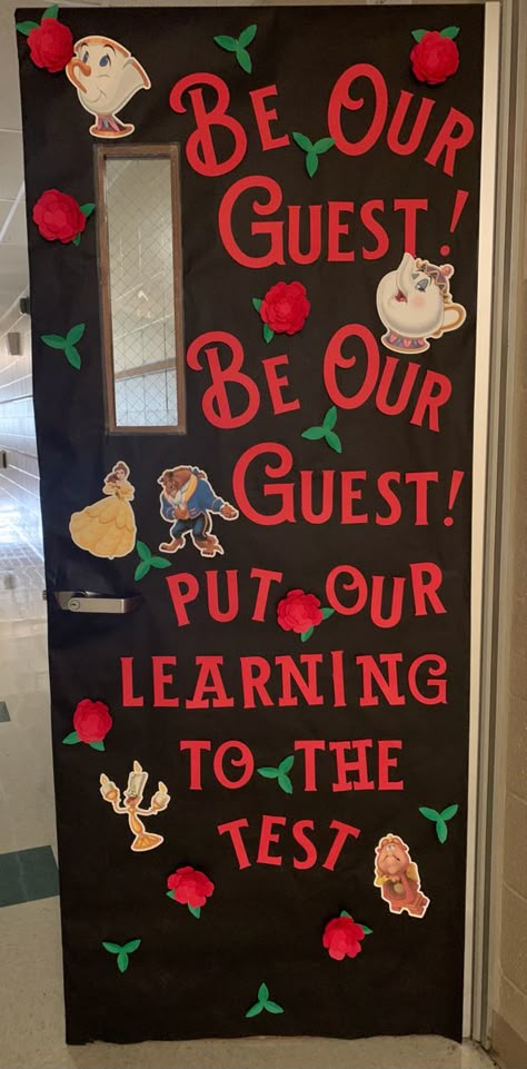 Once Upon A Time Classroom Door, Fairytale Theme Classroom Door, Disney Doors Classroom, Beauty And The Beast Bulletin Board Ideas, Disney Themed Elementary Classroom, Disney Themed Library, Preschool Classroom Themes Disney, Cute Preschool Door Ideas, Disney Themed Daycare Room