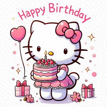 Hello Kitty Happy Birthday, Hello Kitty Happy, Hello Kitty Birthday Theme, Hello Kitty Imagenes, Birthday Painting, Kitty Images, Cat Birthday Party, Hello Kitty Backgrounds, Hello Kitty Birthday