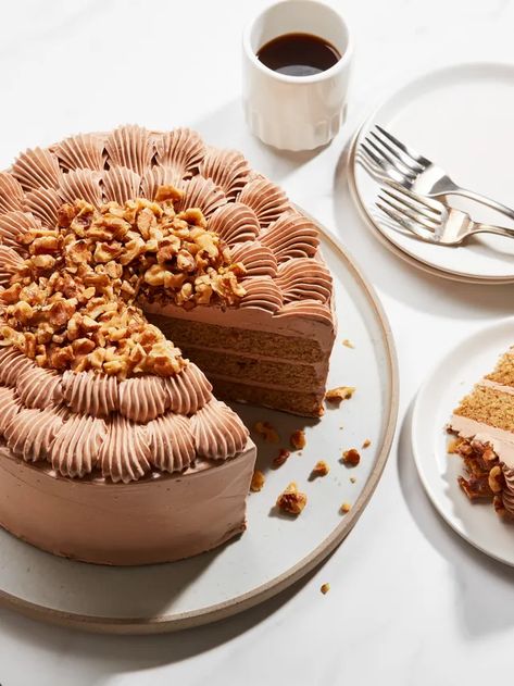 Fluffy Coffee and Walnut Cake With Mocha Buttercream Recipe | Epicurious Make Frosting, Vegan Asparagus, Fluffy Coffee, Mocha Buttercream, Lane Cake, British Cake, Mocha Frosting, Coffee And Walnut Cake, Gooey Butter