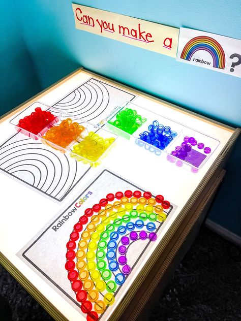 Kindergarten Light Table, Light Table Ideas For Kindergarten, Light Table Activities Preschool, Table Top Activities For Preschoolers, Light Table Ideas For Preschoolers, Preschool Light Table, Rainbow Preschool Activities, Rainbow Activities Preschool, Light Table Ideas