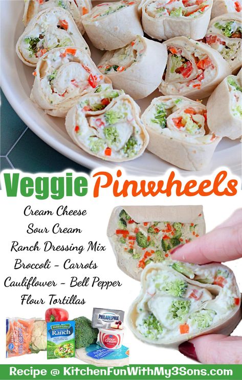 Veggie Pinwheels, Veggie Roll Ups, Pinwheel Recipes, Appetizers Easy Finger Food, Recipes Appetizers And Snacks, Creamy Cheese, Finger Food Appetizers, Roll Ups, Party Food Appetizers