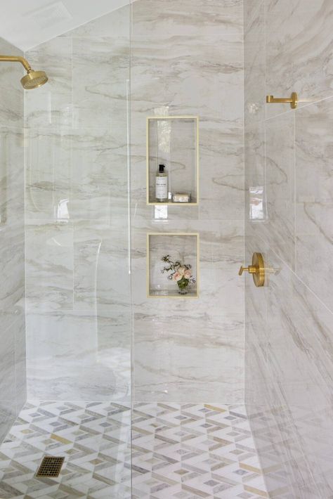 Master Bath Tile, Marble Tile Bathroom, Small Bathroom With Shower, Master Bath Shower, Shower Floor Tile, Master Shower, Gold Fixtures, Master Bath Remodel, Bathroom Shower Tile