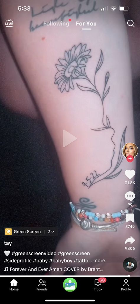 Birth Flower Baby Side Profile Tattoo, Side Profile Flower Tattoo, Baby Face Outline Tattoo With Birth Flower, Birth Flower Side Profile Tattoo, Baby Sillouttes Tattoos, Baby Side Profile Tattoo With Flowers, Child Profile Tattoo, Baby Face Outline Tattoo, Tattoos For Sons Mother