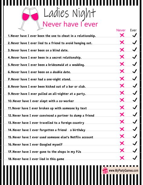 Free Printable Never Have I Ever, Ladies Night Game Ladies Night Games Free Printable, Games For Girls Night Adults, Ladies Night Party Games, Never Have I Ever Game, Kid Holiday Games, Housewarming Games, Ladies Night Games, Girls Night Games, Games For Ladies