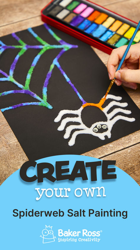 Get ready for the spooky season by creating this fantastic spider salt painting! Salt painting is a fun process art activity to do with kids, it requires minimal materials and creates ‘spooktacular’ artworks! 🕸️  #saltpainting #halloweencrafts #spiderwebcrafts #kidsdiy Fun And Easy Halloween Crafts For Kids, Glue And Salt Spider Web Craft, Spider Web Salt Painting, Salt Spider Web Craft, Spider Art For Preschool, Salt And Paint Art, Kid Halloween Crafts, Halloween Process Art, Fun Arts And Crafts For Kids