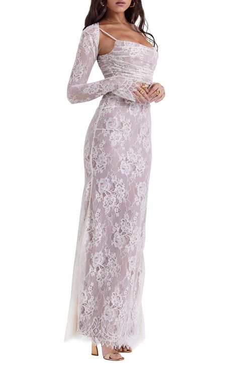 Dreamy floral lace cascades stunningly down your figure in a sweeping maxi dress shaped with delicate ruching at the waist and framed by fitted long sleeves. Exclusive retailer   Hidden side-zip closure   Square neck   Long sleeves   Lined   62% recycled polyamide, 38% polyamide; 80% polyamide, 20% elastane; 100% polyester; 100% polyamide   Dry clean   Imported Artemis House Of Cb, Dantel Dresses Long, Long Sleeve Lace Maxi Dress, Lace Dress With Sleeves, Square Neck Dress, House Of Cb, Vintage Maxi Dress, Lace Maxi, House Dress