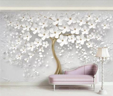 Custom Wallpaper 3D Embossed White Flowers Tree Wallpaper Wall | Etsy Wallpaper For Home Wall, White Flowering Trees, Geometric Wallpaper Design, Wall Painting Living Room, Tree Wall Murals, Normal Wallpaper, Wallpaper Furniture, Tree Wallpaper, Nature Wall