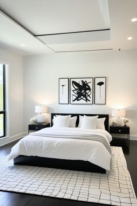 15 Stunning Black and White Bedroom Ideas to Transform Your Space Black White Bedrooms Modern, Black White And Grey Bedroom Ideas Simple, Black Theme Room Ideas, White With Black Accents Bedroom, Black Bed White Furniture, Black And White Master Bedrooms Decor, Black Bed Frame Room Ideas, Black And White Small Bedroom, White Walls Black Furniture