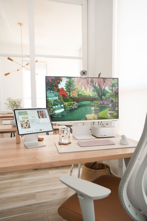 Cozy Minimalist Home Office, Aesthetic Work From Home Setup, Bamboo Desk Setup, Entertainment Center Ideas Apartment, Japandi Desk Setup, Wfh Inspiration, Office Set Up, Study Room Inspiration, Productive Desk Setup