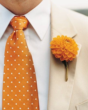 hmmmmm.......  I <3 this flower so!  Maybe gals in coral & guys in orange?    Want to find a tie like this one..... having trouble! Orange Boutonniere, Orange Wedding Flowers, Weddings By Color, Orange Tie, Boutonniere Wedding, Orange Wedding, Martha Stewart Weddings, Groom And Groomsmen, Mellow Yellow