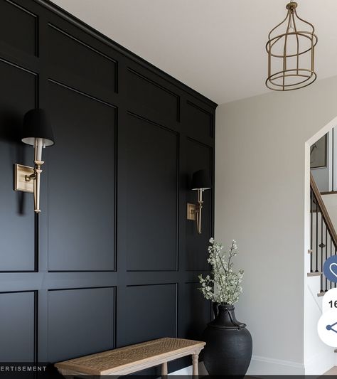 Black Wall With Trim Design, Entryway With Black Wall, Modern Chair Rail Living Room, Black Wall Inspiration, Dark Wall Trim, Black Chair Rail, Black Statement Wall, Black Wall Paneling, Dark Wainscoting Ideas