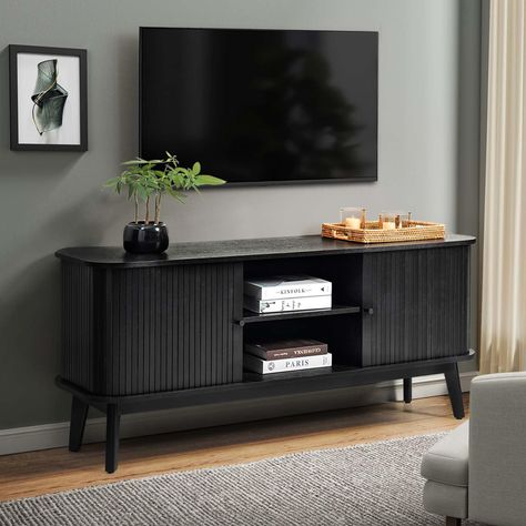 PRICES MAY VARY. Farmhouse Style TV stand- This media console cabinet can be used as a TV stand to support flat screen TVs up to 65", suitable for most home TV placement. If you like, it can also serve as a storage cabinet to show your family photos and potted plants. Sliding Barn Doors- Two movable barn doors on the TV stand for convenient access to cabinets. Quality steel bars make doors slide smoothly, and no noise during movement. Two sliding barn doors are designed to conceal side storage c Black Tv Console, Sliding Door Tv Stand, Sideboard Sliding Doors, Oak Tv Stand, Mid Century Modern Tv Stand, Tv Console Table, Modern Sliding Doors, Farmhouse Tv Stand, Sliding Door Design