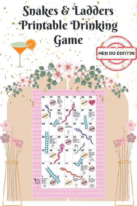 We’ve revolutionised snakes and ladders as you know it, making it a perfect Hen Do party game! The board features the snakes and ladders that we all know and love but now with a hen do themed twist and sneaky shot, nominate and question squares along the way. Gather your mates, as the game is suitable for 2+ players (18+) - basically however many people you can fit around the board! Snakes And Ladders Printable, Drinking Board, Drinking Board Games, Hen Do Party, Snakes And Ladders, Drinking Game, Hen Do, Drinking Games, You Know It