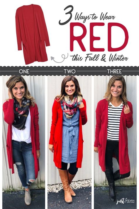 3 Different Ways & Style to wear this Red Cardigan this Fall & Winter! It is easy to wear casually or dressed up! In this post, I show you how to wear all the colors in the Rainbow this Fall & Winter! How To Wear Cardigan, Mode Tips, Quoi Porter, Wear Red, Winter Stil, Red Cardigan, Cardigan Outfits, Colored Pants, Winter Outfits Women