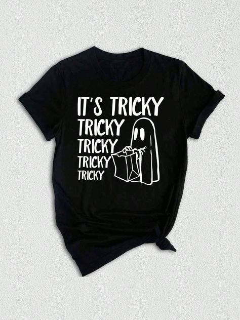 Introducing our It's Tricky Shirt, the perfect addition to your Halloween wardrobe! This cute and spooky tee features a playful design that will surely make heads turn. Whether you're going trick or treating or attending a Halloween party, this shirt is a must-have. With its ghostly Trick or Treat theme, it captures the essence of the holiday in a fun and stylish way. Get ready to show off your Halloween spirit with our It's Tricky Shirt!It's Tricky Shirt, It's Tricky Tee, Trick Or Treat Shirt, Halloween Shirt, Ghost Trick Or Treat Tee, Cute Halloween Top Black Casual  Short Sleeve  Animal,Cartoon,Colorblock,Figure,Geometric,Graphic,Letter,Striped,Plants,Slogan,Textured Pattern    Women Clothing, size features are:Bust: ,Length: ,Sleeve Length: Funny Halloween Shirt Ideas, Halloween Tshirt Ideas Funny, Halloween Hoodies Cricut, Mom Halloween Shirt, Funny Halloween Shirts For Women, Halloween T-shirt, Halloween Cricut Shirts, Cricut Shirt Designs, Fall Shirts Svg