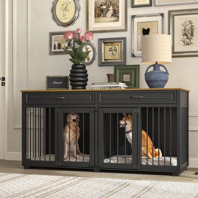 Want a stylish large furniture-style dog crate? This designer-style indoor large dog crate furniture is just what you're looking for. The simple and stylish colour scheme can be combined with any décor and is ideal for TV stands, display shelves and plant stands. This large dog crate furniture comes with a steel divider and is ideal for families with one large dog or 2 medium-sized dogs! This heavy-duty dog crate can withstand the naughtiest dogs with a maximum weight capacity of 200 lbs. Please Large Dog Crate Furniture, Double Dog Crate, Small Dog Crate, Furniture Style Dog Crate, Heavy Duty Dog Crate, Wooden Dog Kennels, Wooden Dog Crate, Wooden Dog House, Dog Kennel Furniture