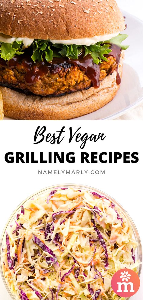 It’s summer and you’re ready to take the party outside. That�’s why these Vegan Grilling Recipes come in handy. If you’re vegan or hosting someone with a vegan or plant-based diet, these vegan summer BBQ recipes will be your new favorites! #veganrecipes #vegangrilling #namelymarly Vegan Barbeque, Vegetarian Picnic, Vegan Grilling Recipes, Memorial Day Recipes, Vegan Bbq Recipes, Bbq Party Food, Meatless Burgers, Vegetarian Grilling, Veggie Kabobs