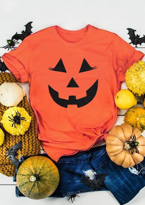 Halloween Pumpkin Smile Face T 12.99 USD Princess Sleeves, Orange T Shirts, Pumpkin Shirt, Short Sleeve Tops, Couple T-shirt, Home T Shirts, Printed Sleeves, Smile Face, Halloween Pumpkin