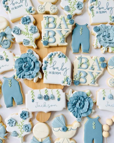 May Baby Shower Ideas Boy, Baby Boy In Bloom Cookies, Baby In Bloom Boy Shower Decor, Baby In Bloom Boy Shower Ideas Blue, Baby Boy Spring Shower Ideas, Baby Boy Shower Ideas Summer, Blue Flowers Baby Shower Theme, Baby In Bloom Cake Boy, Spring Boy Baby Shower Themes