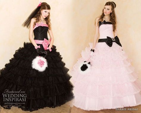 Black, pink with bows wedding dress or  quinceanera  gown from Barbie Bridal Gyaru Wedding, White Long Gown, Sweet Wedding Dresses, Barbie Bridal, Barbie Wedding Dress, Bow Wedding Dress, White Wedding Gowns, Barbie Wedding, Pink Wedding Dresses