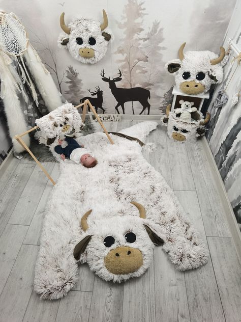 Cow Nursery Rug Farm Animal Nursery Faux Fur Rug New Baby - Etsy Highland Cow Rug, Cow Bedroom, Mom Checklist, Cow Rug, Baby Floor Mat, Cow Nursery, Farm Animals Decor, Cozy Rug, Animal Baby Room