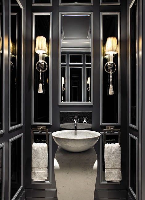 Drama in the powder room...  19 Almost Pure Black Bathroom Design Ideas | DigsDigs Drømme Bad, Black Powder Room, Gothic Bathroom, Bathroom Design Black, Powder Room Design, Bad Inspiration, Casa Vintage, Marble Bathroom, Dream Spaces