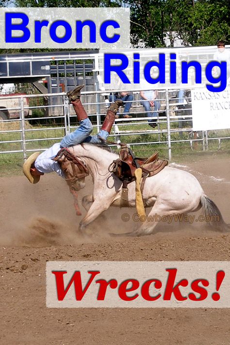 Lots of bronc riding wreck photos from ranch bronc riding, bareback bronc riding, and saddle bronc. Also information on the difference between men's and women's bronc riding, the mark out rule, and an overview of how bronc rides are scored. Saddle Bronc Riding, Saddle Bronc, Bronc Riding, Rodeo, Saddle, Horses, Animals, Quick Saves