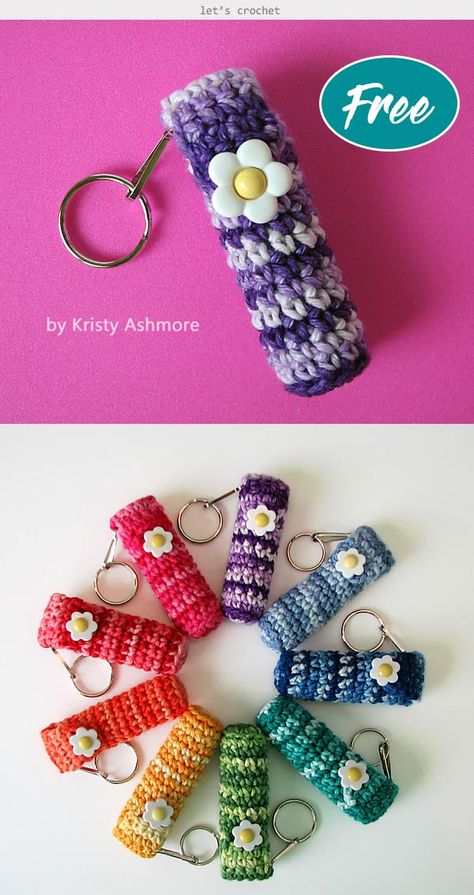 Flower Lip Balm Holder Crochet Free Pattern #freecrochetpatterns  #lipstickholder  #crochetpatterns Crochet Patterns Free Key Cover, Lipstick Holder Crochet Pattern, Crochet Lipstick Holder Pattern Free, Crochet Key Ring Patterns, Crochet Lip Balm Holder Pattern Free, Crochet Lipstick Holder, Crochet Chapstick Holder Pattern Free, Crochet Key Chains, Crochet Lip Balm Holder