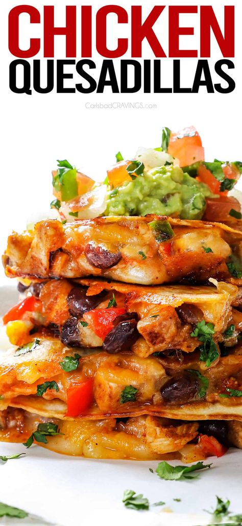 Chicken Quesadillas - Carlsbad Cravings Authentic Chicken Quesadillas, Chicken And Black Bean Quesadilla, Chicken Quesadillas Oven Baked, Chipotle Chicken Quesadilla Recipes, Chicken Black Bean Quesadilla, Weight Watchers Quesadilla, Authentic Quesadilla, Chicken Casadias Quesadilla Recipes, Quesidias Recipes