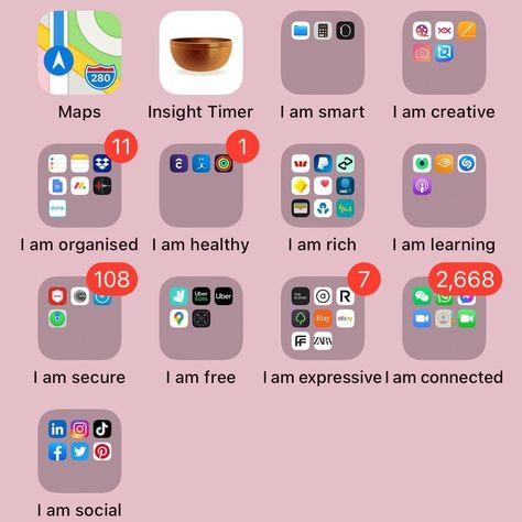 Happy 2021! 🌈 We love how our founder @irisjade has started the new year by organising her phone apps by positive affirmations. Who would try this? ✨ #2021 #newyear #positiveaffirmations #affirmations #organisation App Organization Iphone Affirmations, Organize Apps Affirmations, Phone Clean Out List, Apps For Self Improvement, App Affirmations, Organizing Phone Apps Aesthetic, Phone Affirmations, Organize Apps, Organize Apps On Iphone