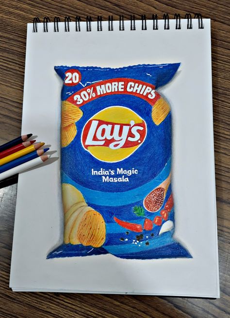 Lay's coloured pencil drawing Color Pencil Art Realistic Food, Pencil Color Sketches Artworks, Lays Chips Drawing, Pencil Colouring Drawing, Color Pencils Artwork Easy, Pencils Colour Drawing, Realistic Object Drawing Colored Pencils, Colour Pencil Shading Drawings, Lays Drawing