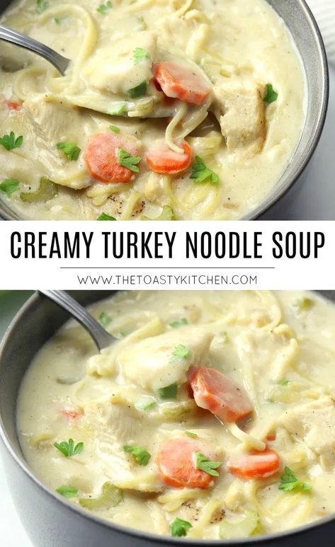 Creamy Turkey Noodle Soup - The Toasty Kitchen #turkey #chicken #noodlesoup #soup #souprecipe #winterrecipes #onepot #onepotmeal #30minutemeals #dinnerideas #dinner #dinnerrecipes #recipe #recipes #recipeoftheday Turkey Egg Noodles, Creamy Turkey Noodle Soup, Cream Of Turkey Soup, Creamy Turkey Soup, Easy Homemade Soups, Turkey Noodle Soup, Turkey Egg, Turkey Soup Recipe, Winter Soup Recipe