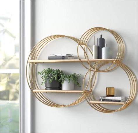 Get the Look: Fun Floating Shelves | Centsational Style Show Pieces For Living Room, Circle Shelf Decor, House Schemes, Wall Shelves Decor, Circle Wall Shelf, Wire Wall Shelf, Contemporary Wall Shelf, Shelf With Hooks, Tiered Shelf